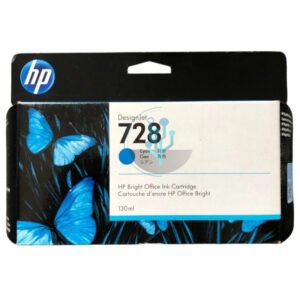 Compra tinta HP 728 F9J67A Cian original 130ml para DesignJet T730 y T830. Secado rápido, alta calidad y rendimiento profesional.